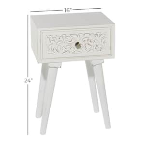 13 in. White Intricately Carved Scroll Single Drawer Large Rectangle Wood End Accent Table