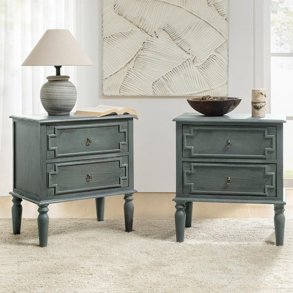 JAYDEN CREATION Leo Blue 23.75 in. W Farmhouse Solid Wood Nightstand (Set of 2)