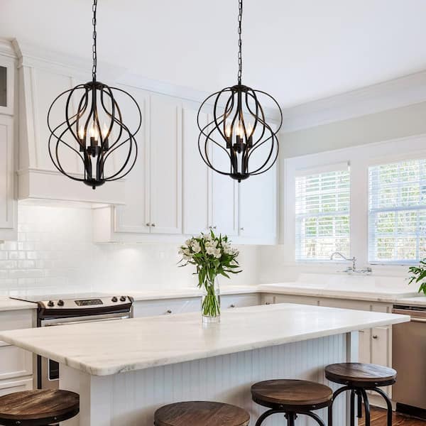 Frankfort 4-Light Black Unique Geometric Cage Chandelier Wrought Iron Accents