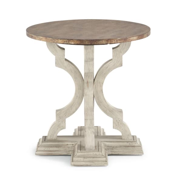 HOMESTYLES Finn 23 in. Distressed Off-White Round Wood and Metal End Table
