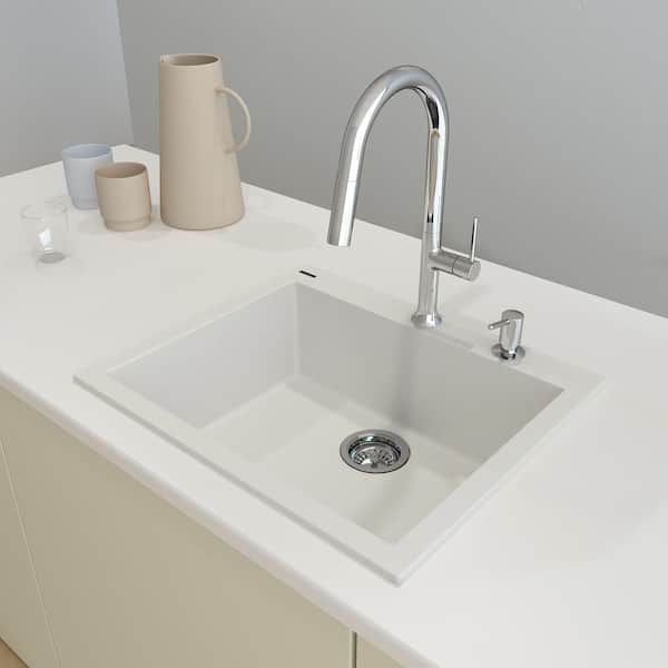 BOCCHI Campino Uno Milk White Granite Composite 24 in. Single Bowl Drop-In/Undermount Kitchen Sink with Strainer