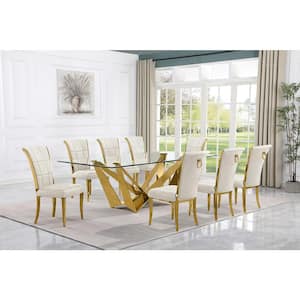 Meryl 9-Piece Rectangular Glass Top Gold Stainless Steel Base Dining Set With 8 Cream Velvet Gold Chrome Leg Chairs