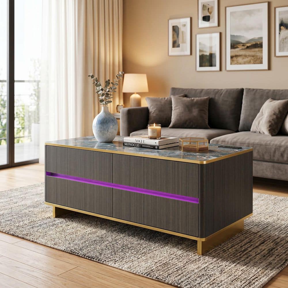 47.2 in. Gray Wood Grain Rectangle Wood Coffee Table, Side Table with 4-Drawer, Open Shelf, Marble Top and Socket