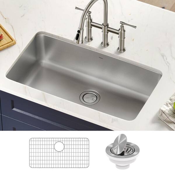 Oumuch 33x19 Inch Undermount Kitchen Sink - 16 Gauge Stainless Steel, Single Bowl, 9" Deep, With Grid & Rack