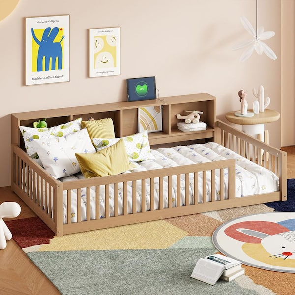 Brown Twin XL Size Wood Floor Bed Daybed with USB Ports and Storage Cabinets