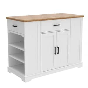 White Wood 46.2 in. Farmhouse Kitchen Island with Adjustable Shelves and Three Drawers