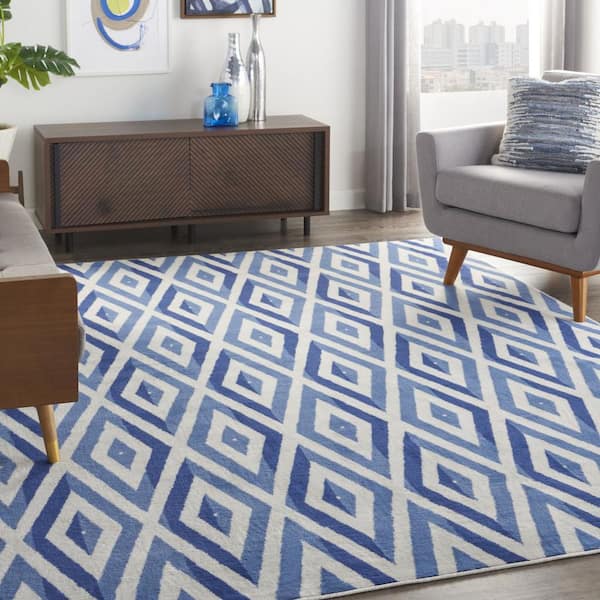 8 ft. x 12 ft. Blue Geometric Washable Area Rug
