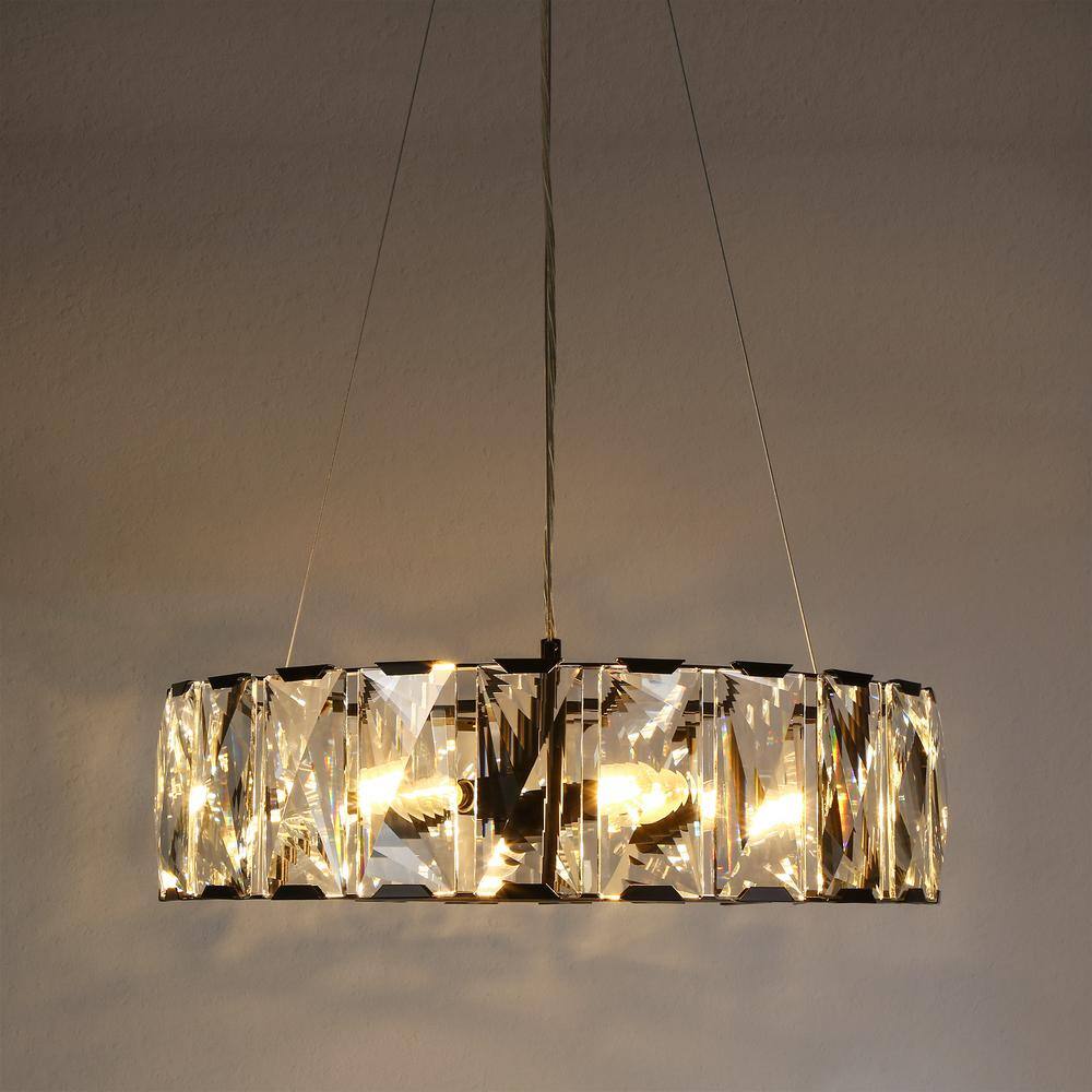 Modern Black Crystal 6-Light Drum Chandelier with Clear Crystals