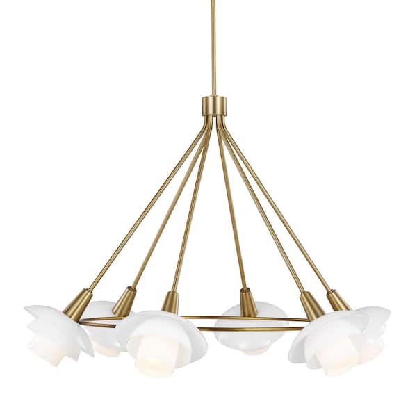 Generation Lighting Rossie 6-Light Burnished Brass Modern Hanging Wagon  Wheel Chandelier with White Glass Shades EC1226BBS - The Home Depot