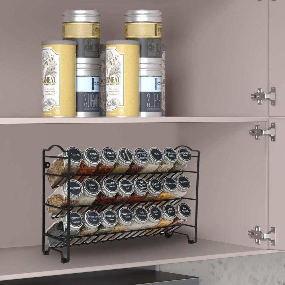 UUDULY Black 24 Piece Spice Rack Drawer Organizer Set with Glass Jars ...