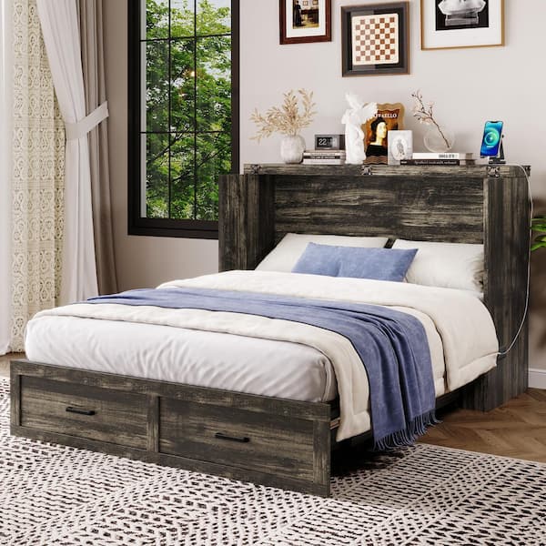 Ivandor Rustic Gray Wood Frame Queen Size Murphy Bed Chest Cabinet with Large Drawer, USB Charging Station