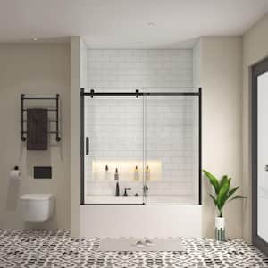 Moray 60 in. W x 58 in. H Sliding Frameless Bathtub Door in Matte Black Finish with Clear Glass