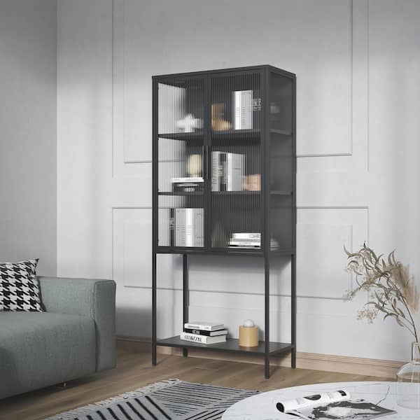 Glamour Home Benvolio 70.87 in. Tall" Black Steel 3-Shelf 2-Door Storage Cabinet Bookcase with Fluted Clear Doors