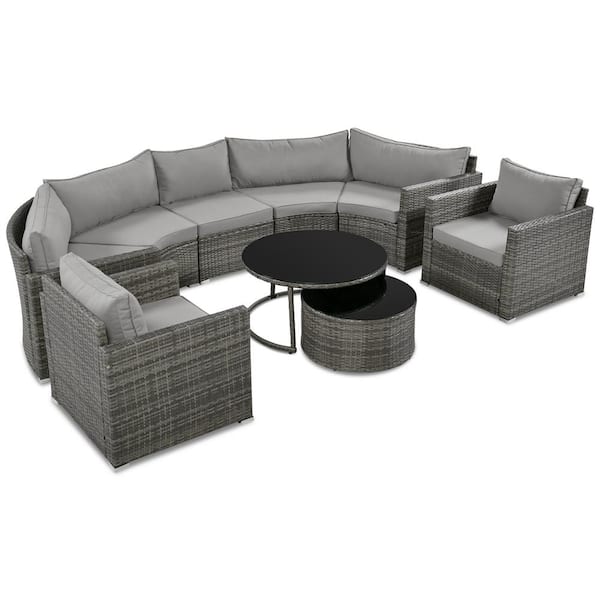 9-Piece Patio PE Wicker Outdoor Sectional Set-Gray Modern Style Sofa with Gray Cushions