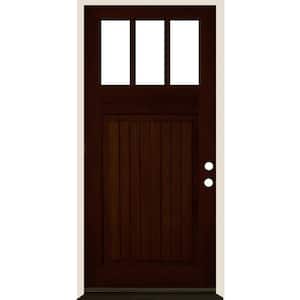 36 in. x 80 in. Craftsman 3 Lite V Groove Red Mahogany Stain Left-Hand/Inswing Douglas Fir Prehung Front Door