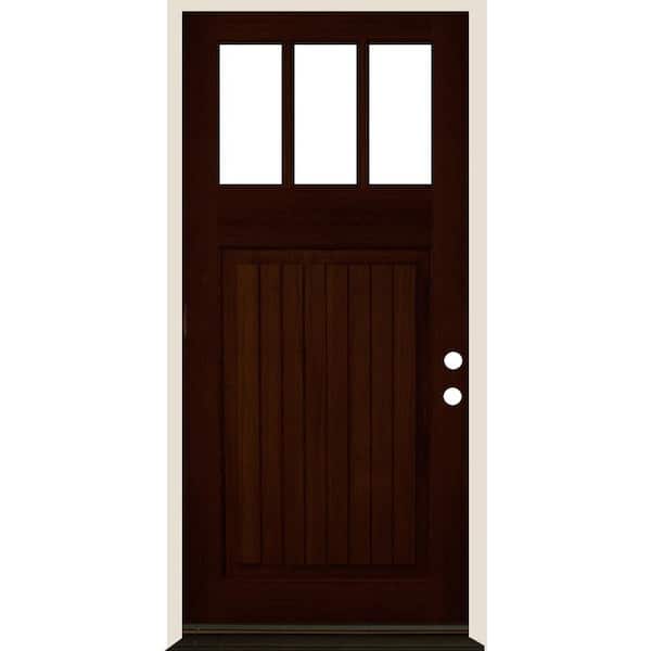 Krosswood Doors 36 in. x 80 in. Craftsman 3 Lite V Groove Red Mahogany Stain Left-Hand/Inswing Douglas Fir Prehung Front Door