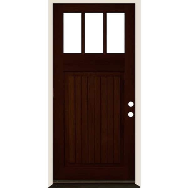Krosswood Doors 36 in. x 80 in. Craftsman 3 Lite V Groove Red Mahogany Stain Left-Hand/Inswing Hemlock Prehung Front Door