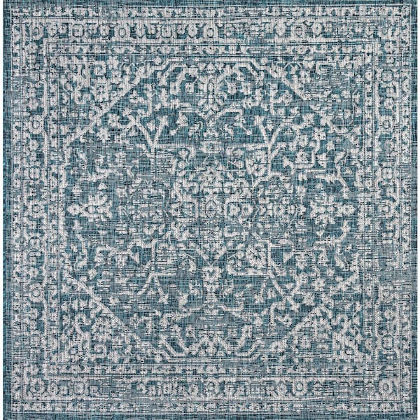Teal/Gray 5 ft. Square Malta Bohemian Medallion Textured Weave Indoor/Outdoor Area Rug