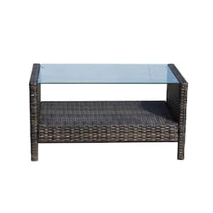 Stylish Design Rectangular Metal Outdoor Coffee Table with Clear Tempered Glass and Hand Woven All-Weather Wicker, Brown