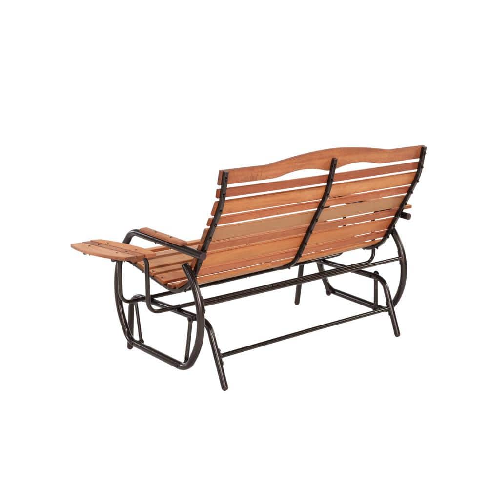 Bronze Steel Frame Double Glider Bench with Mahogany Trays