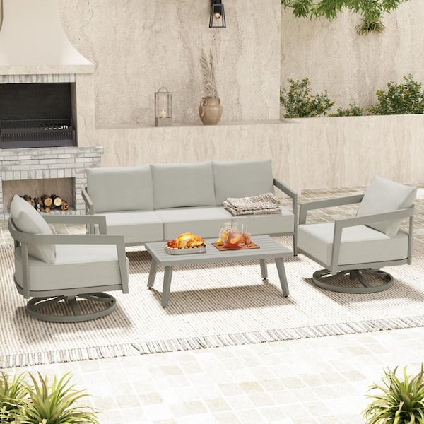 EGEIROSLIFE NovaRest 4-Piece Aluminum Wicker Patio Conversation Set with 3-Seat Sofa, Swivel Chairs, Coffee Table and Gray Cushions