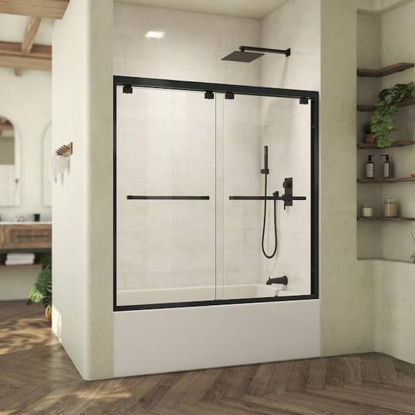 Abbey 27.5 in. W x 58 in. H Semi-Frameless Sliding Tub Door in Matte Black with Clear Glass