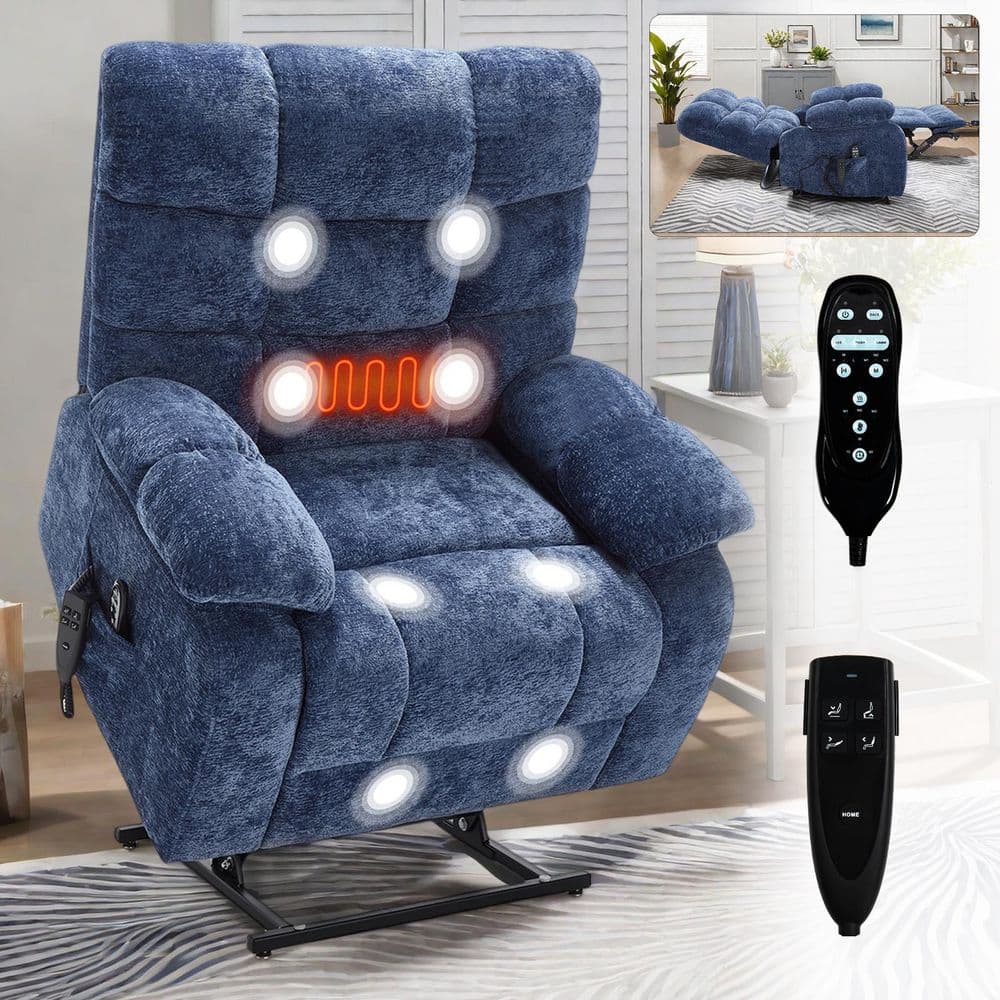 Blue Great Dual Motor Chenille Power Lift Recliner with Power-Remote, Heat 