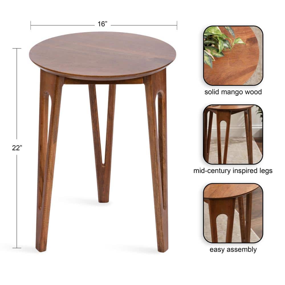 Walnut Brown Round Mango Wood Accent Table with Hairpin Legs