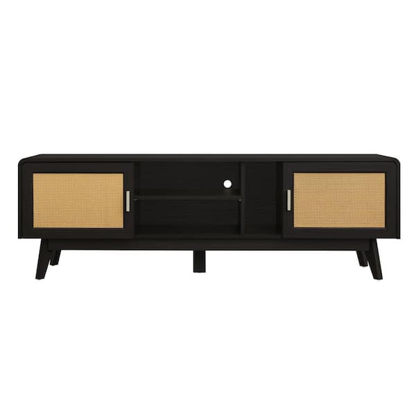 63 in. Dark Brown TV Stand with Cabinets Open Storage and Wood Legs Media Console Table Fits TV's up to 65 in.