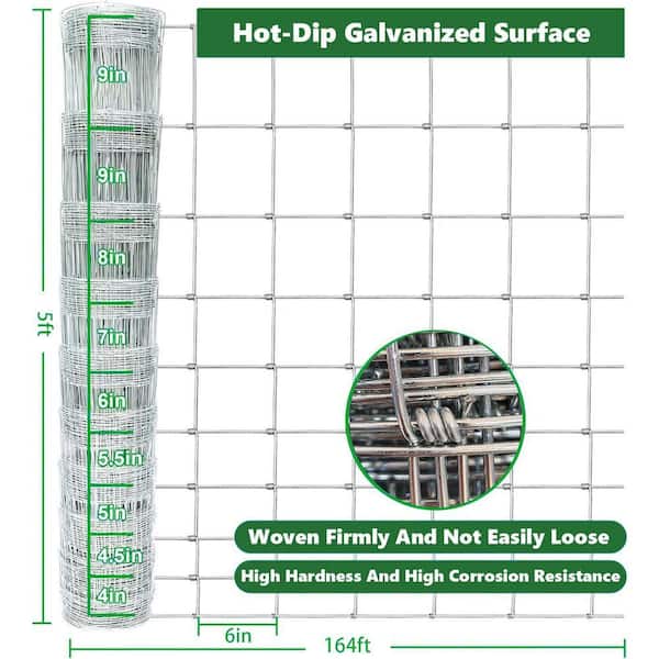 14 Gauge 5 x 164 ft. Galvanized Cattle Farm Fence Wire Mesh for Livestock Goat, Deer Hog Wire Rolls Animal Barrier Fence