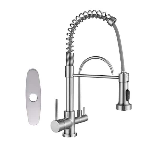 17.5 in. Spring Single Handle 360° swivel Pull Out Sprayer Kitchen Faucet with Filter Spout in Brushed Nickel
