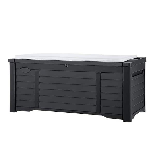 Unbranded 120 Gal. Large Black Resin Deck Box with Cushion and Lockable Lid