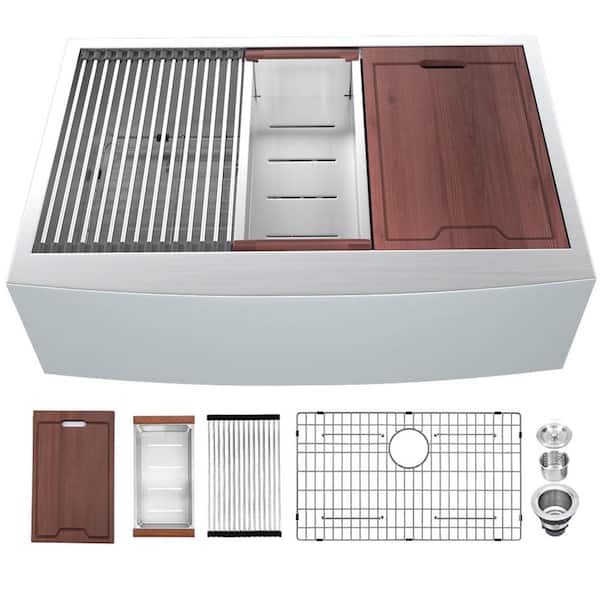 33 in. x 22 in. Farmhouse Workstation Single Bowl Stainless Steel 16-Gauge Kitchen Sink with Accessories