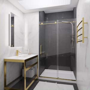 Leon 48 in. x 76 in. Frameless Sliding Shower Door in Brushed Gold with Handle