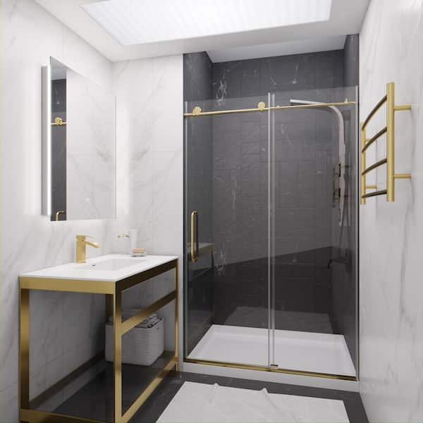 Leon Series 48 in. x 76 in. H Sliding Frameless Shower Door in Brushed Gold with Tsunami Guard Tempered Glass