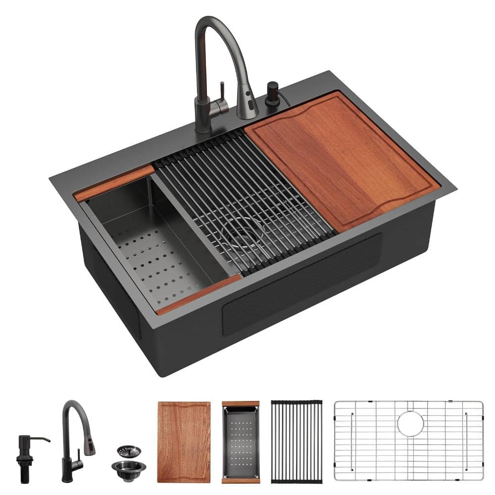 "30"" Gunmetal Black Workstation Drop-In Kitchen Sink with Faucet, Stainless Steel, Nano Coating, Single Bowl Round Corner" price history on PriceWatchPro