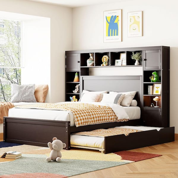 Polibi Espresso/Brown Wood Frame Full Size Platform Bed with All-In-One Cabinet, Shelf and Sockets