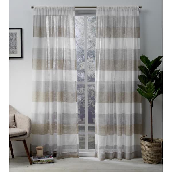 EXCLUSIVE HOME Bern Cafe Stripe Sheer Rod Pocket Curtain, 54 in. W x 84 in. L (Set of 2)
