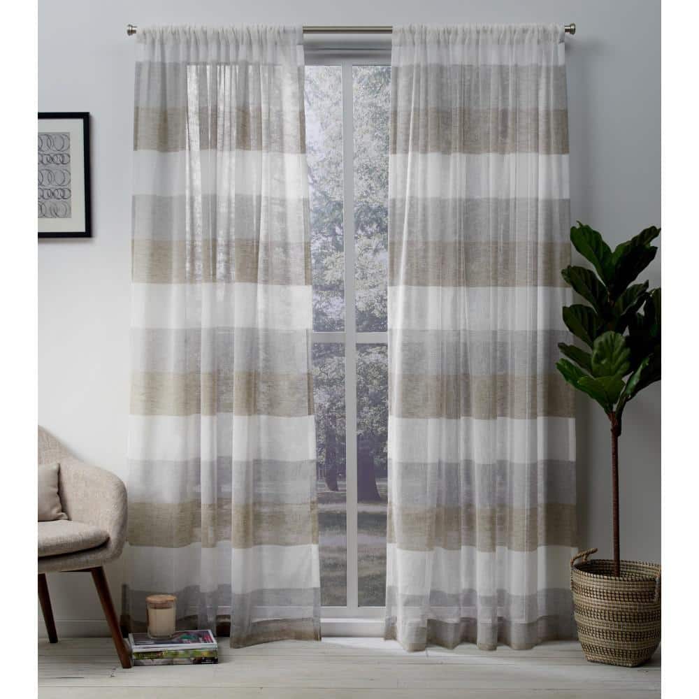 Bern Striped Light Filtering Polyester Rod Pocket Curtain Panels, 54"x96", Cafe