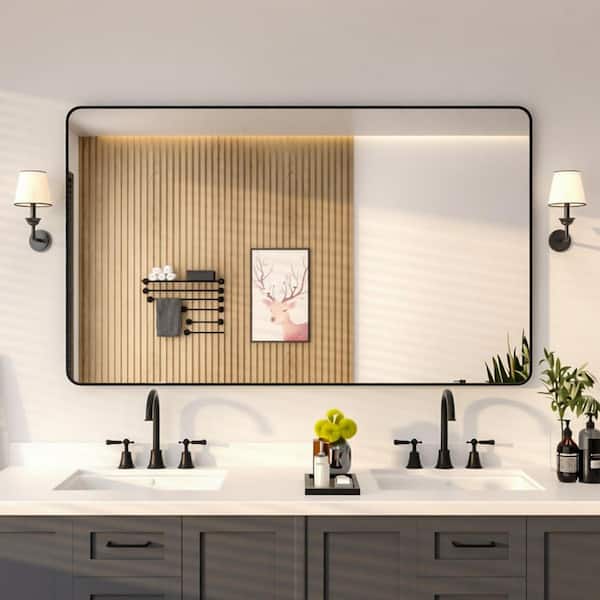 60 in. W x 36 in. H Rectangular Framed Wall Bathroom Vanity Mirror in Matte Black