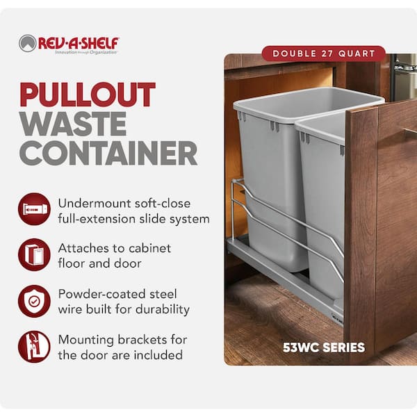 Silver Double Pull Out Trash Can 27 qt. with Soft-Close