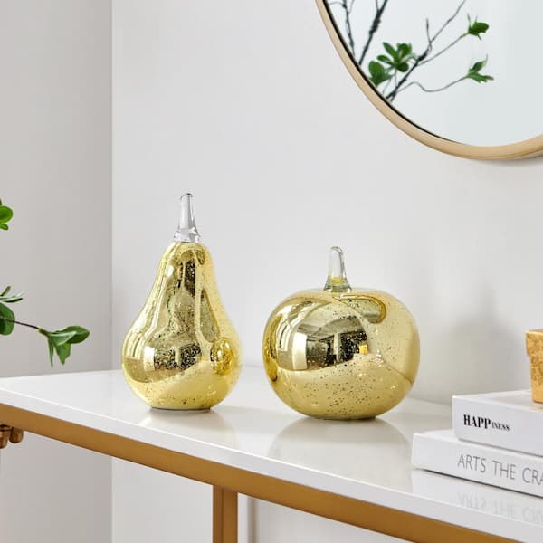 DANYA B Alloya 2-Piece 4.35 in. W x 7.85 H Apple and Pear Decorative Accent Glass Tabletop Sculpture Set - Gold