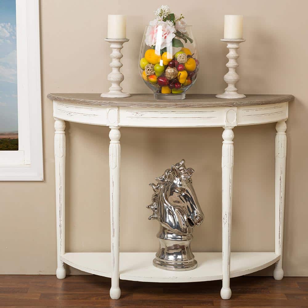 Antique White and Natural Wood Demilune Console Table with Storage