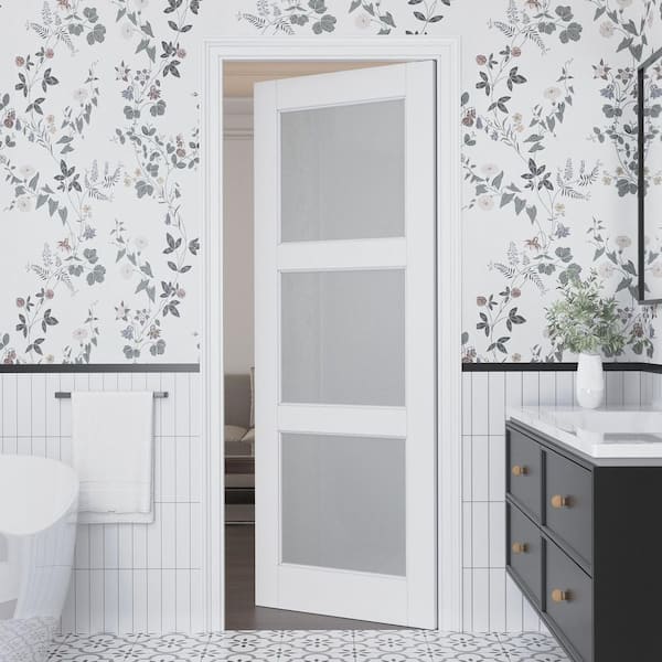 30 in. x 80 in. 3-Lite Tempered Frosted Glass White Primed Solid Core Manufacture Wood Interior Door Slab