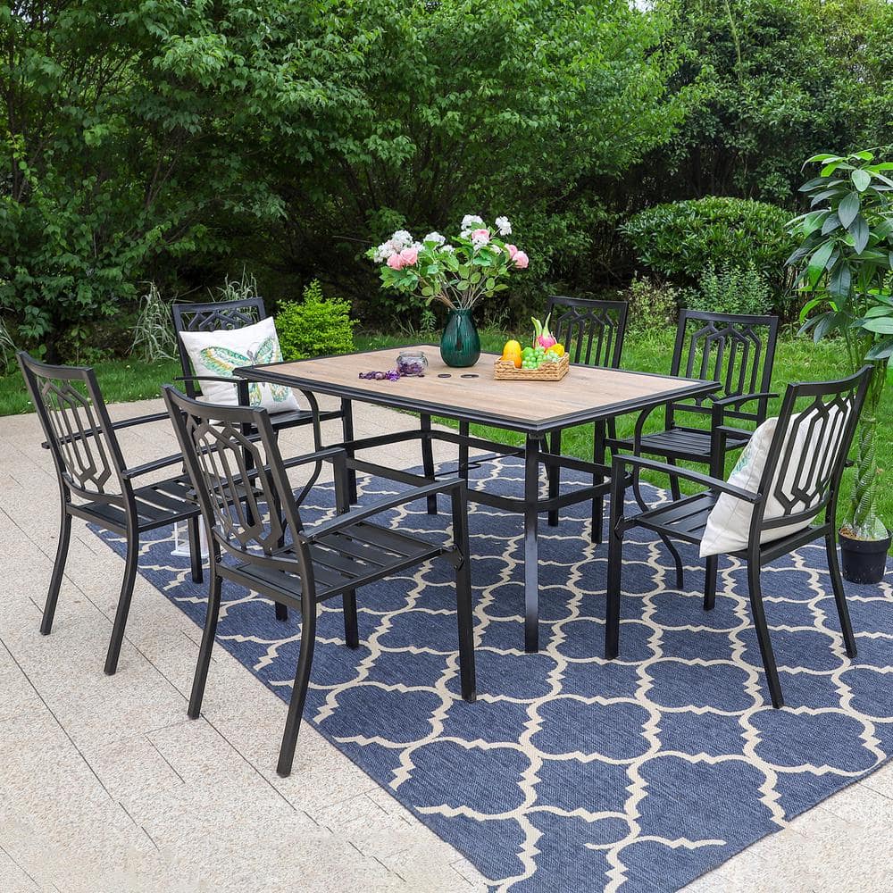 PHI VILLA Black 7-Piece Metal Outdoor Patio Dining Set with Wood-Look ...