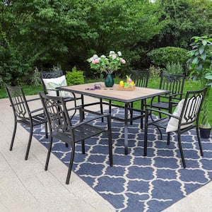 Black 7-Piece Metal Outdoor Patio Dining Set with Wood-Look Umbrella Table and Fashion Stackable Chairs