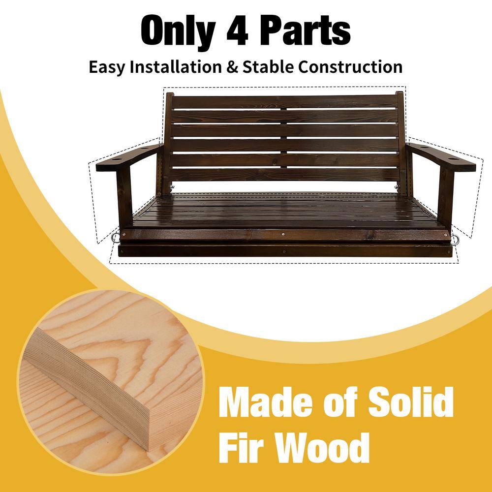 Deep Brown Wooden Porch Swing with Ergonomic Seat and Hanging Chains
