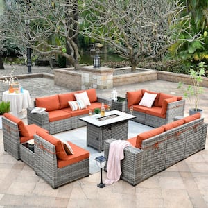Marvel Gray 13-Piece Wicker Wide Arm Patio Fire Pit Conversation Set with Orange Red Cushions