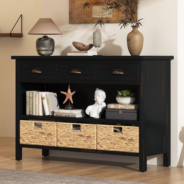 47 in. Espresso Rectangle MDF Console Table with 3-Drawers and Water Hyacinth Woven Baskets