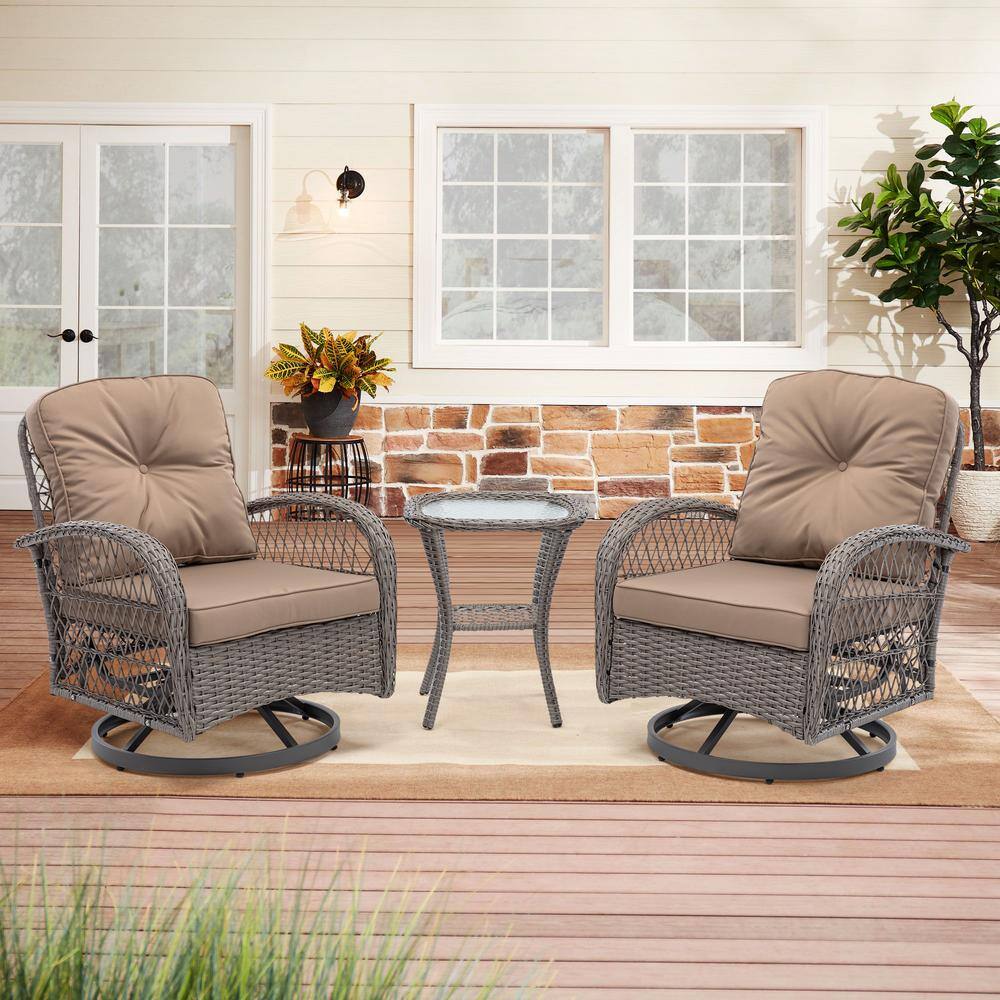 3Piece Outdoor Wicker 360° Rocking Patio Conversation Set with Khaki